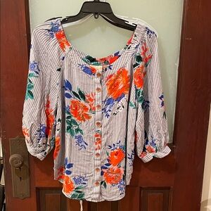 Maeve by Anthropologie Blue and Orange Floral Blouse